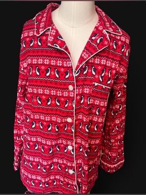 Adore Me red white and black penguin pajama set button front tie waist size med